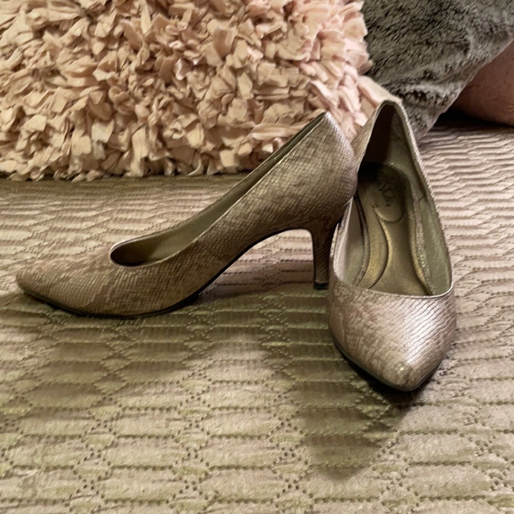 Life Stride champagne snake skin heels (1 inch heels)